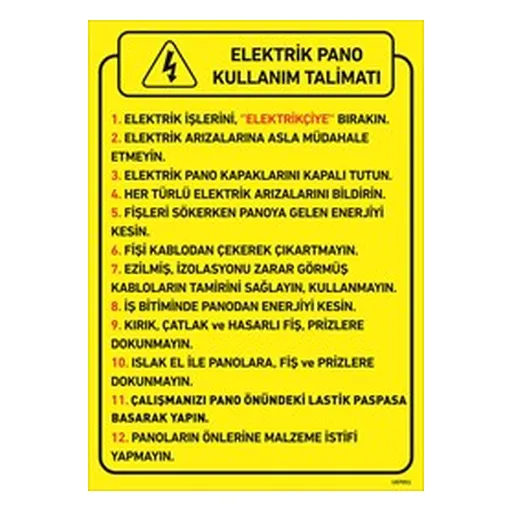 Elektrik Pano Kullanım Talimatı Uyarı Levhası — İŞ GÜVENLİĞİ