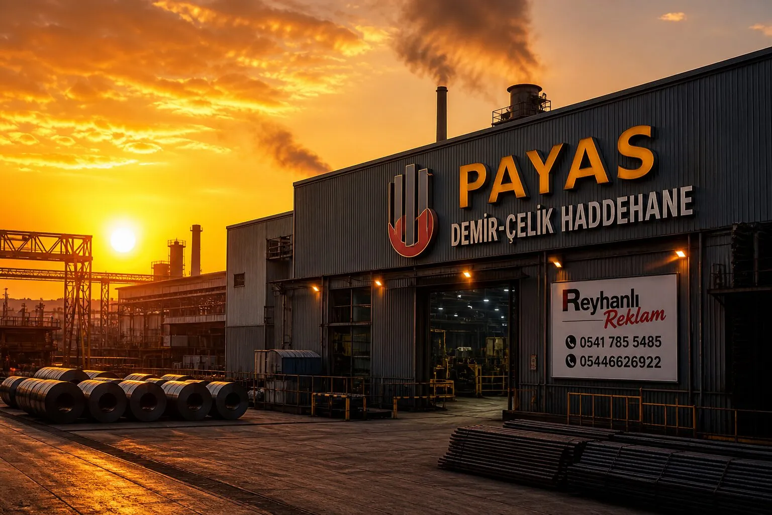 Payas Reyhanlı Reklam — ağır sanayi yön levhası, fabrika totem, iş güvenliği tabelası