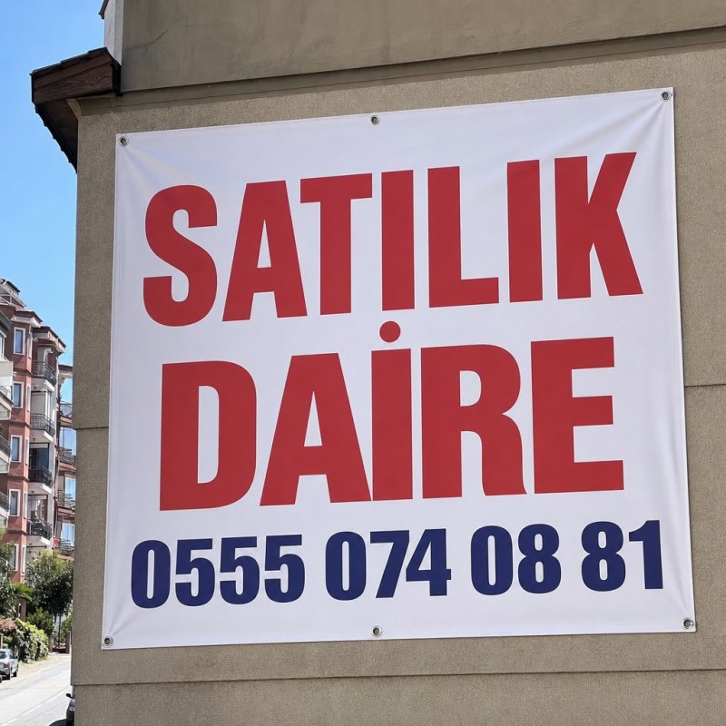 emlak-brandasi.png Emlak brandası — bina cephesinde asılı SATILIK DAİRE brandası