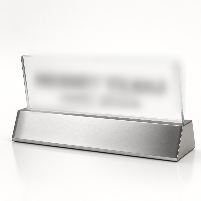 masa-isimligi-k061.png K-061 masa isimliği — fırçalanmış metal taban, pleksi ön panel