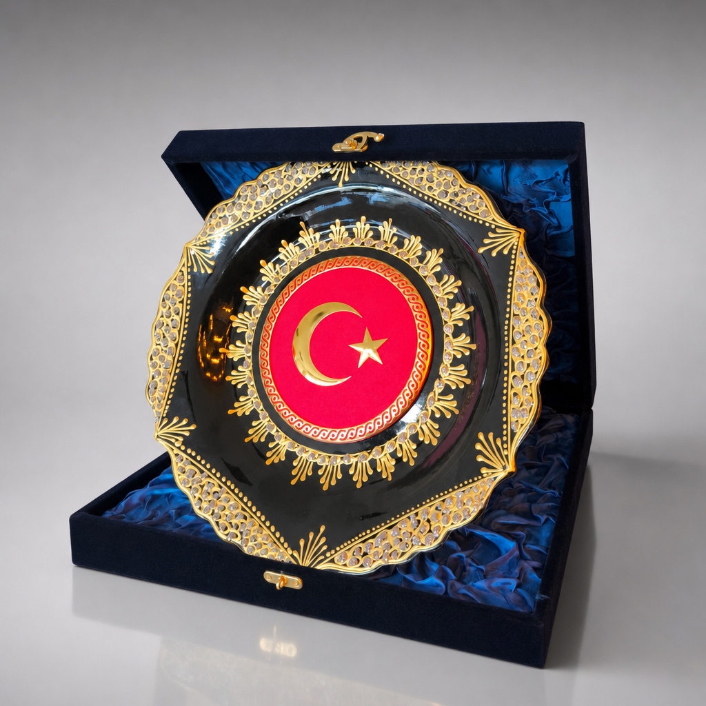 Ay yıldız motifli tabak plaket, lacivert kadife sunum kutusunda Ay yıldız motifli tabak plaket, lacivert kadife sunum kutusunda