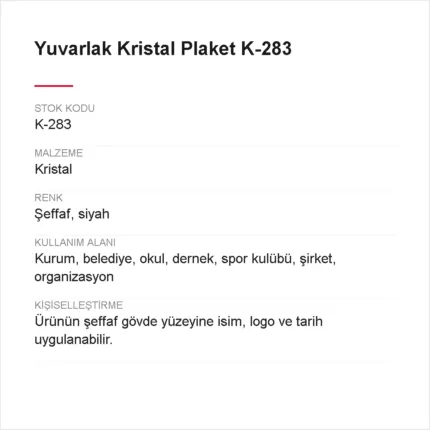 Yuvarlak Kristal Plaket K-283 urun bilgileri