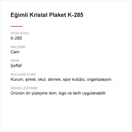 Eğimli Kristal Plaket K-285 urun bilgileri