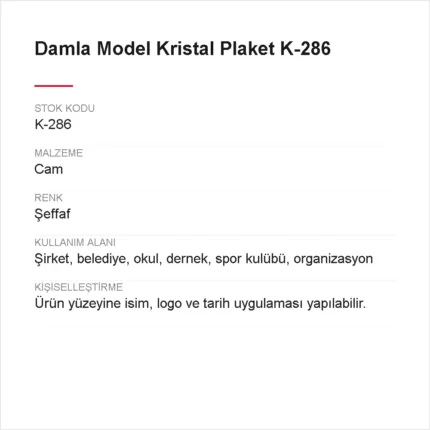 Damla Model Kristal Plaket K-286 urun bilgileri