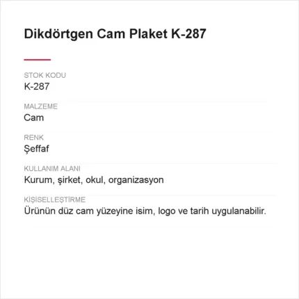 Dikdörtgen Cam Plaket K-287 urun bilgileri