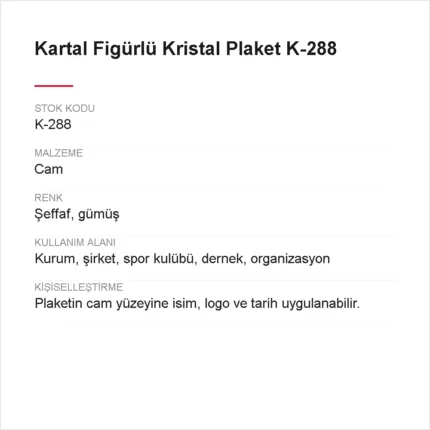 Kartal Figürlü Kristal Plaket K-288 urun bilgileri