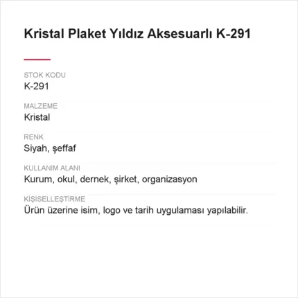 Kristal Plaket Yıldız Aksesuarlı K-291 urun bilgileri