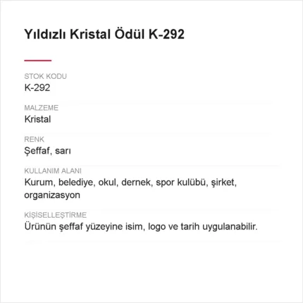 Yıldızlı Kristal Ödül K-292 urun bilgileri