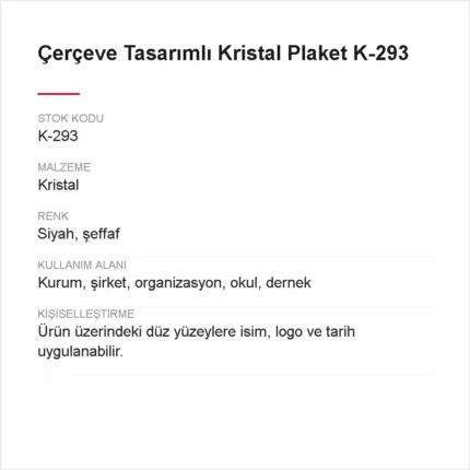 Çerçeve Tasarımlı Kristal Plaket K-293 urun bilgileri
