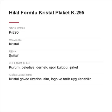 Hilal Formlu Kristal Plaket K-295 urun bilgileri