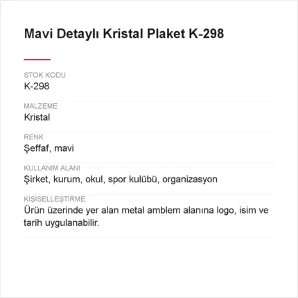 Mavi Detaylı Kristal Plaket K-298 urun bilgileri