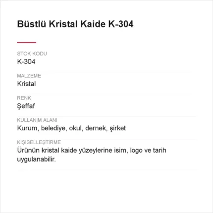 Büstlü Kristal Kaide K-304 urun bilgileri