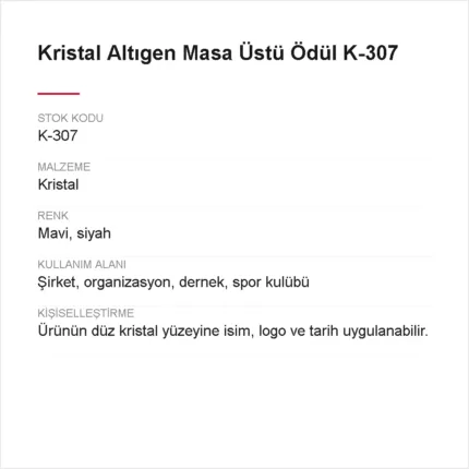 Kristal Altıgen Masa Üstü Ödül K-307 urun bilgileri