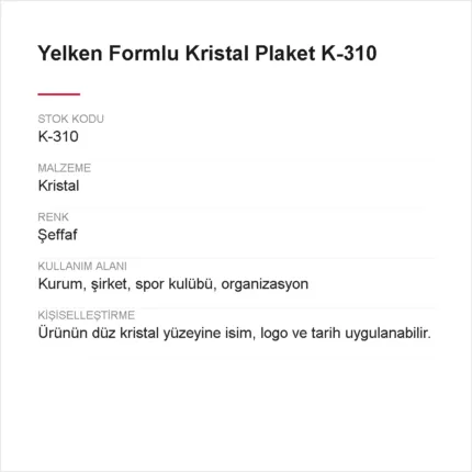Yelken Formlu Kristal Plaket K-310 urun bilgileri