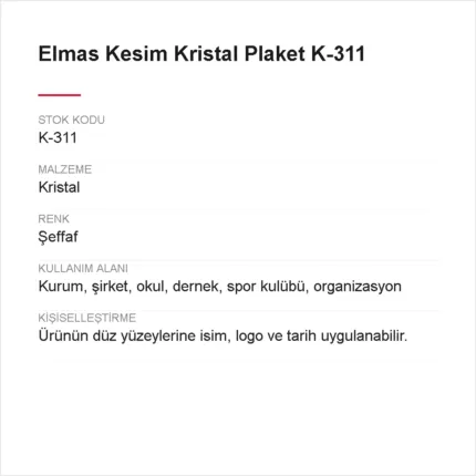 Elmas Kesim Kristal Plaket K-311 urun bilgileri